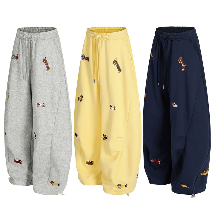 3-6-5.shop Embroidered Dog Motif Sweatpants