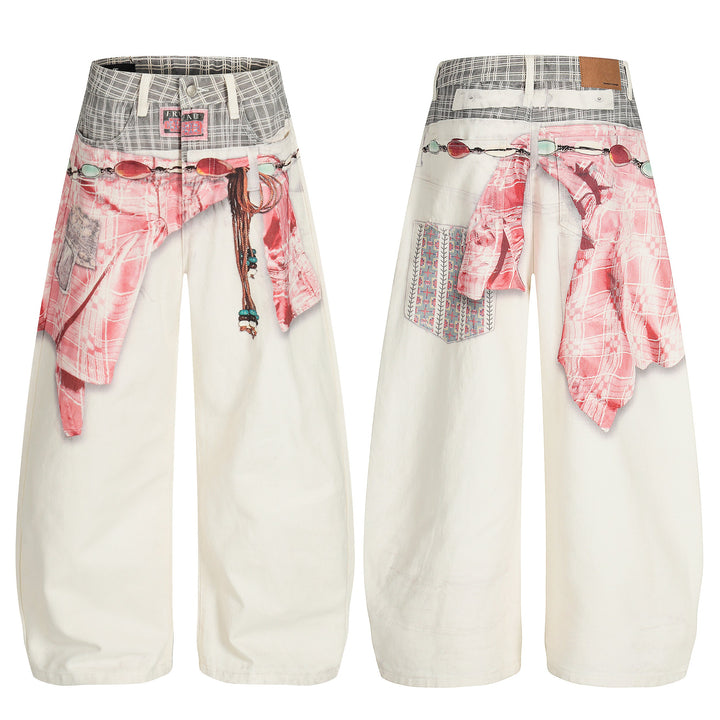3-6-5.shop Digital Print Layered Denim Pants