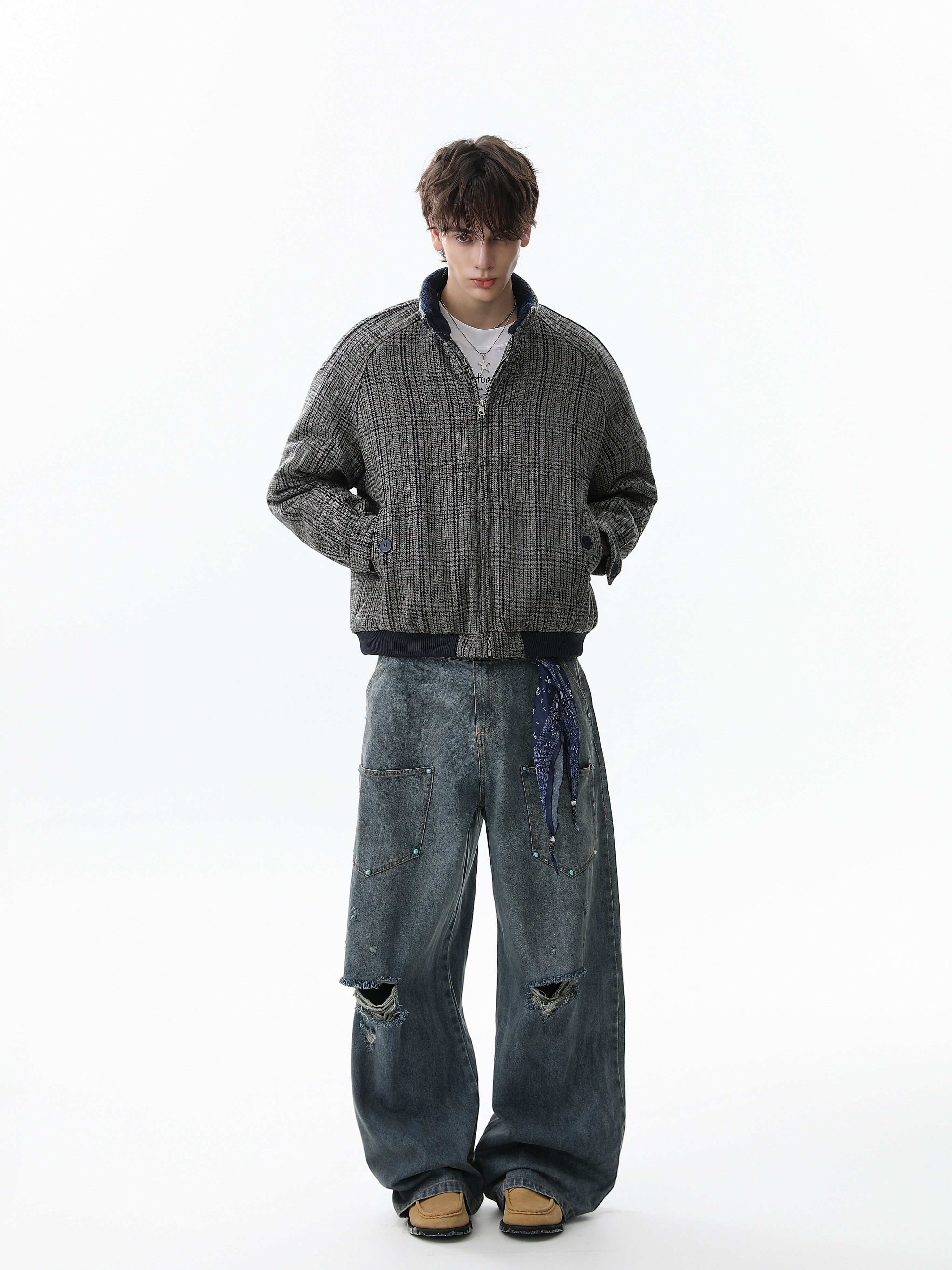 3-6-5.shop Vintage Check Wool Blend Bomber Jacket