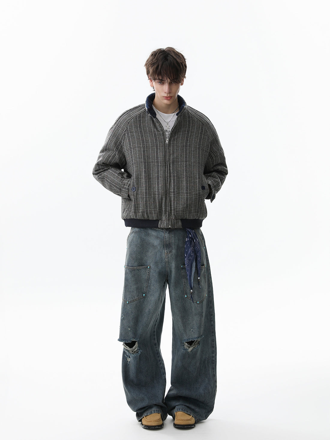 3-6-5.shop Vintage Check Wool Blend Bomber Jacket