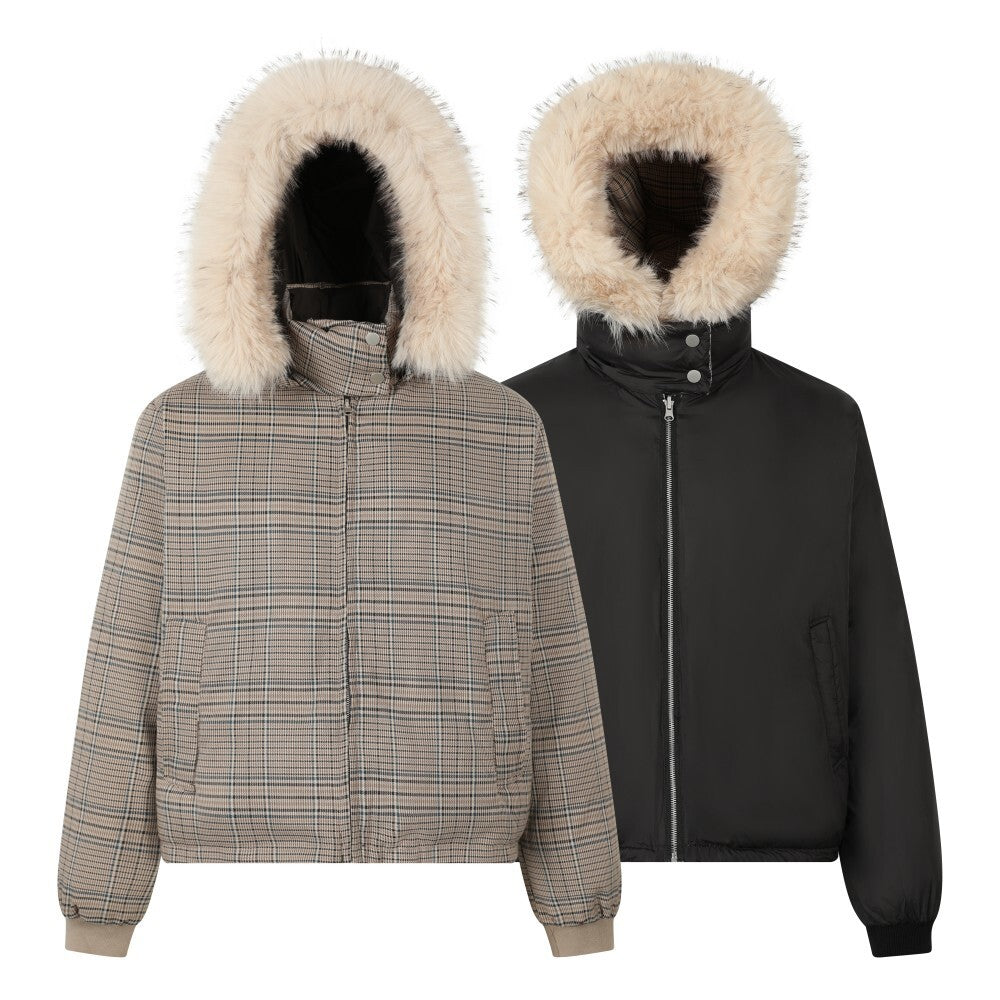 3-6-5.shop Reversible Plaid Fur Hooded Jacket
