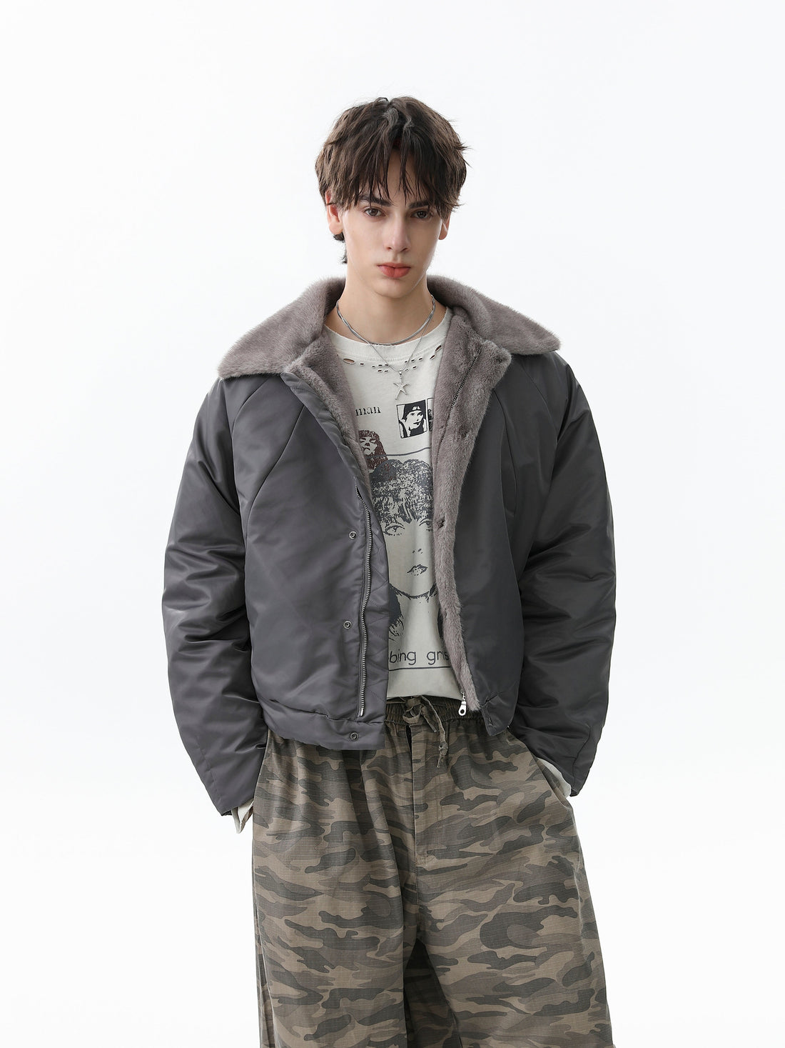 3-6-5.shop Faux Fur Collar Nylon Jacket