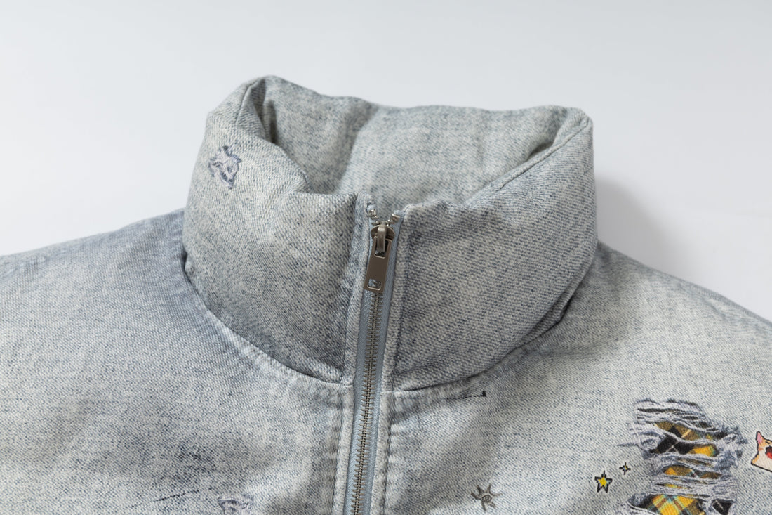 3-6-5.shop Patchwork Distressed Denim Puffer Jacket