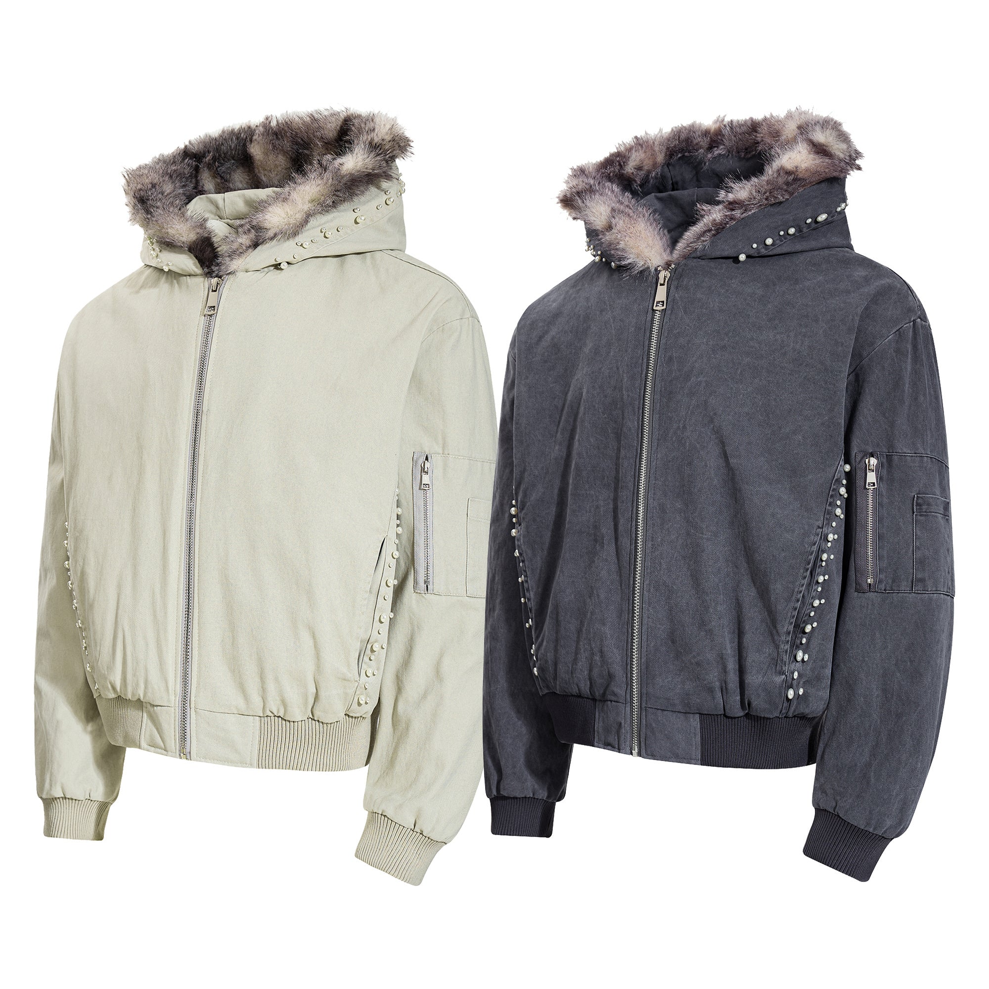 3-6-5.shop Studded Fur-Trim Hooded Jacket