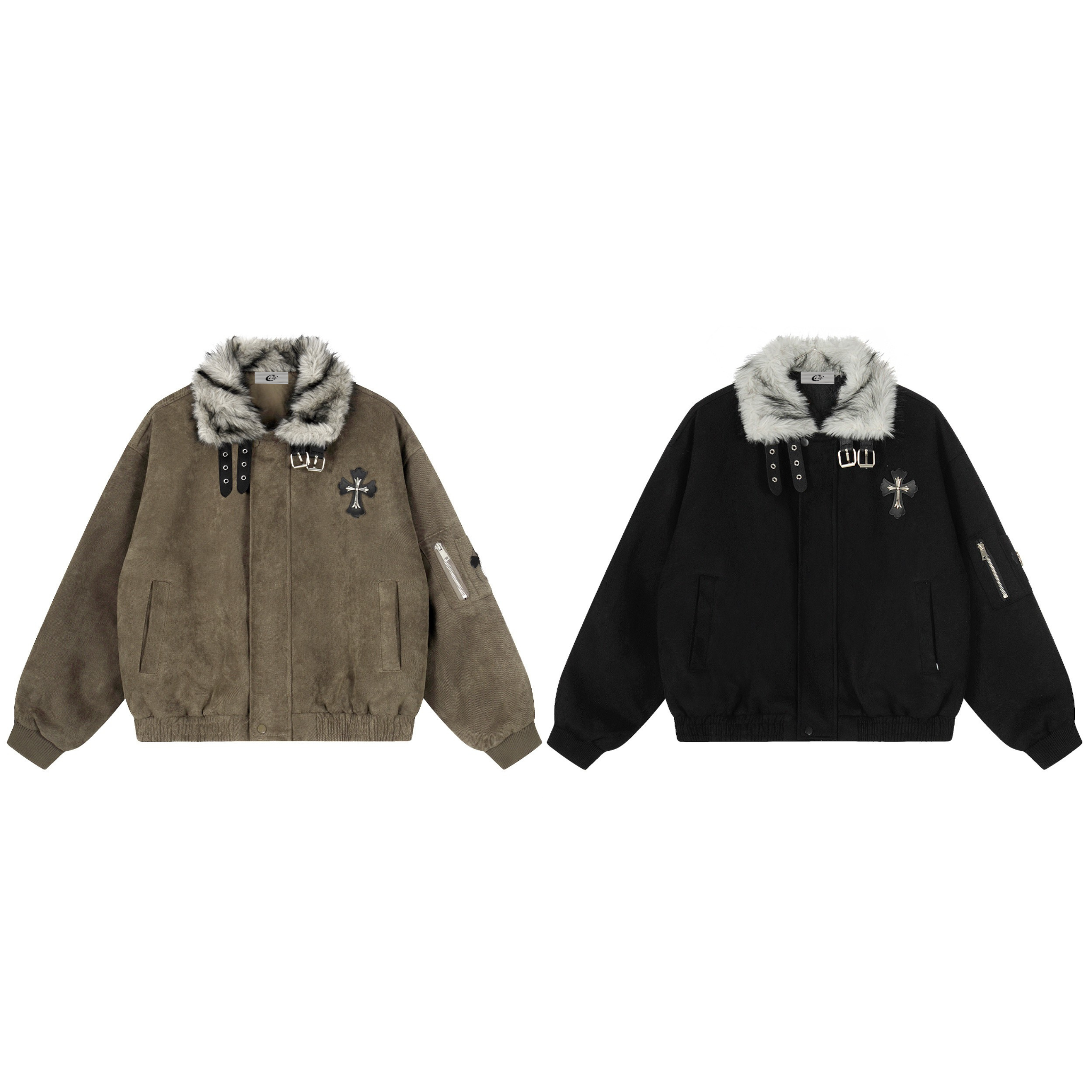3-6-5.shop Faux Fur Collar Suede-Texture Buckle Bomber Jacket