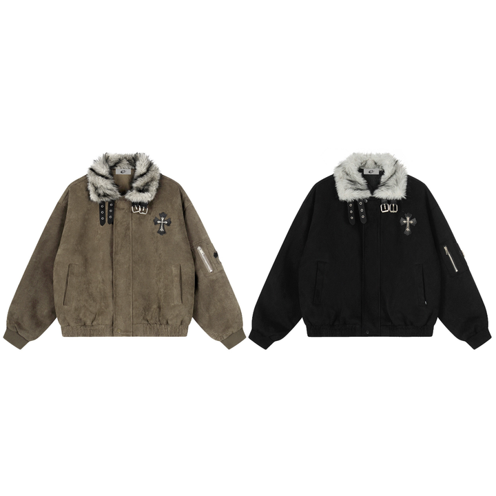 3-6-5.shop Faux Fur Collar Suede-Texture Buckle Bomber Jacket