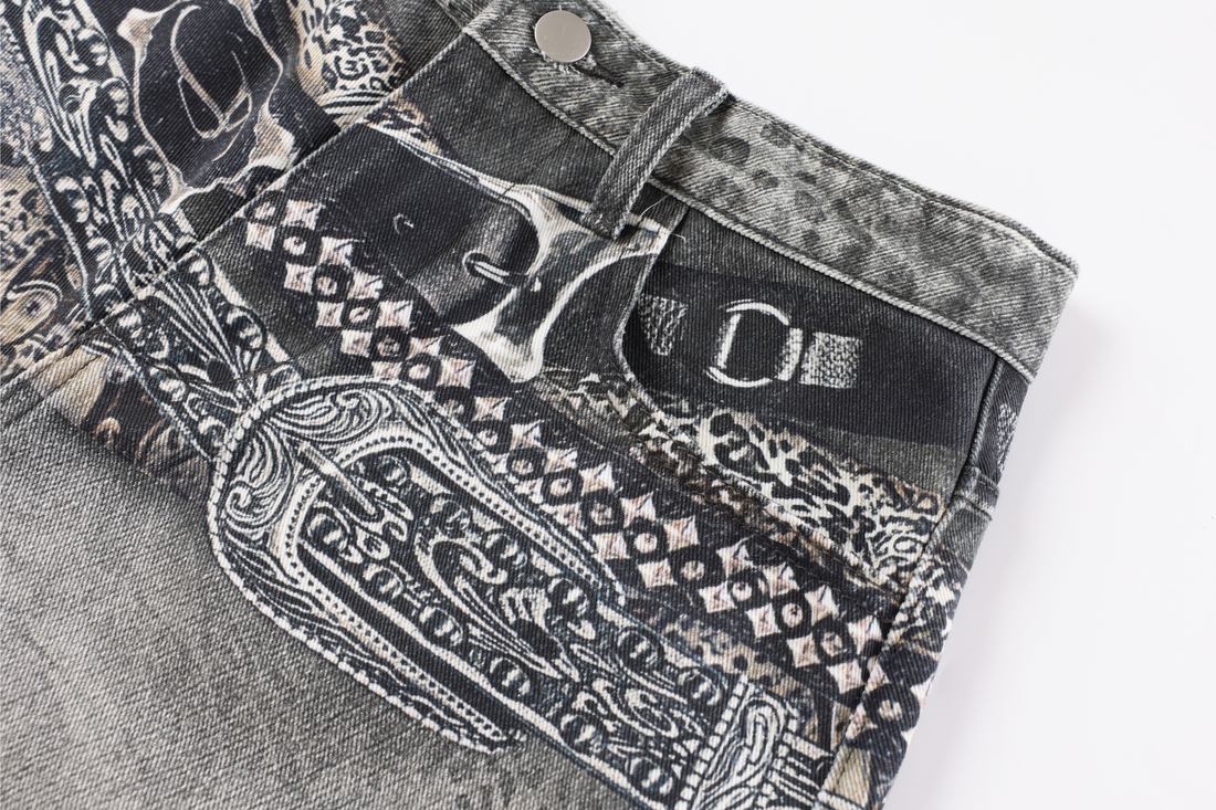 3-6-5.shop Bandana Patch Curved Denim Pants