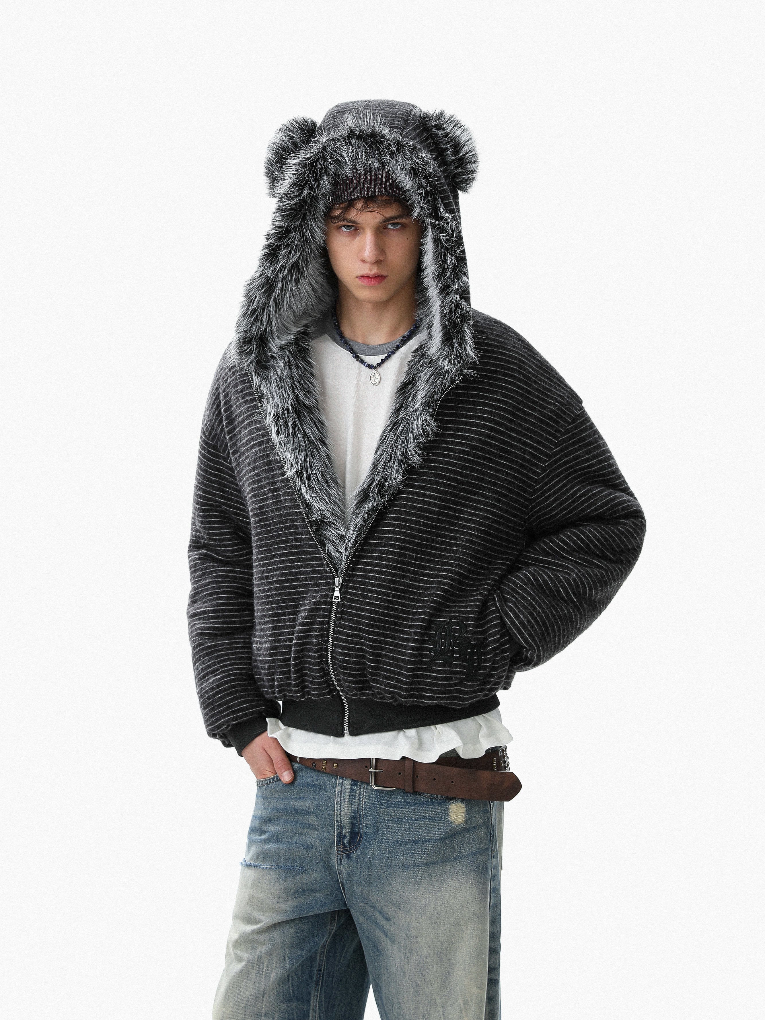 3-6-5.shop Faux-Fur Lined Striped Hoodie Jacket