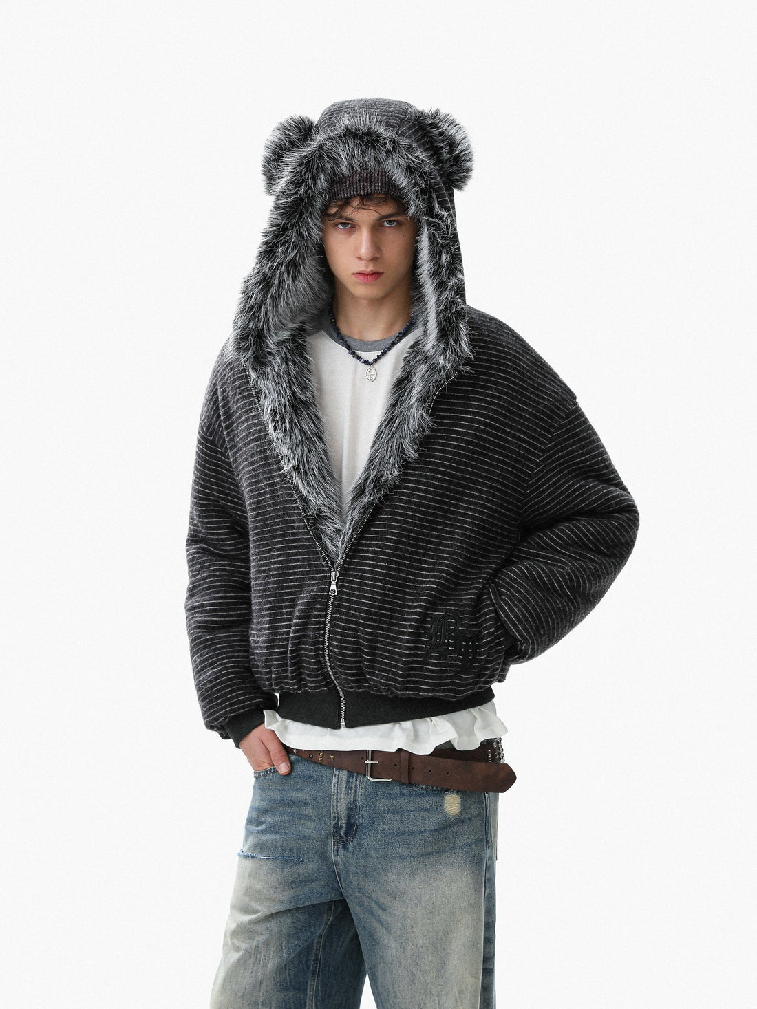 3-6-5.shop Faux-Fur Lined Striped Hoodie Jacket