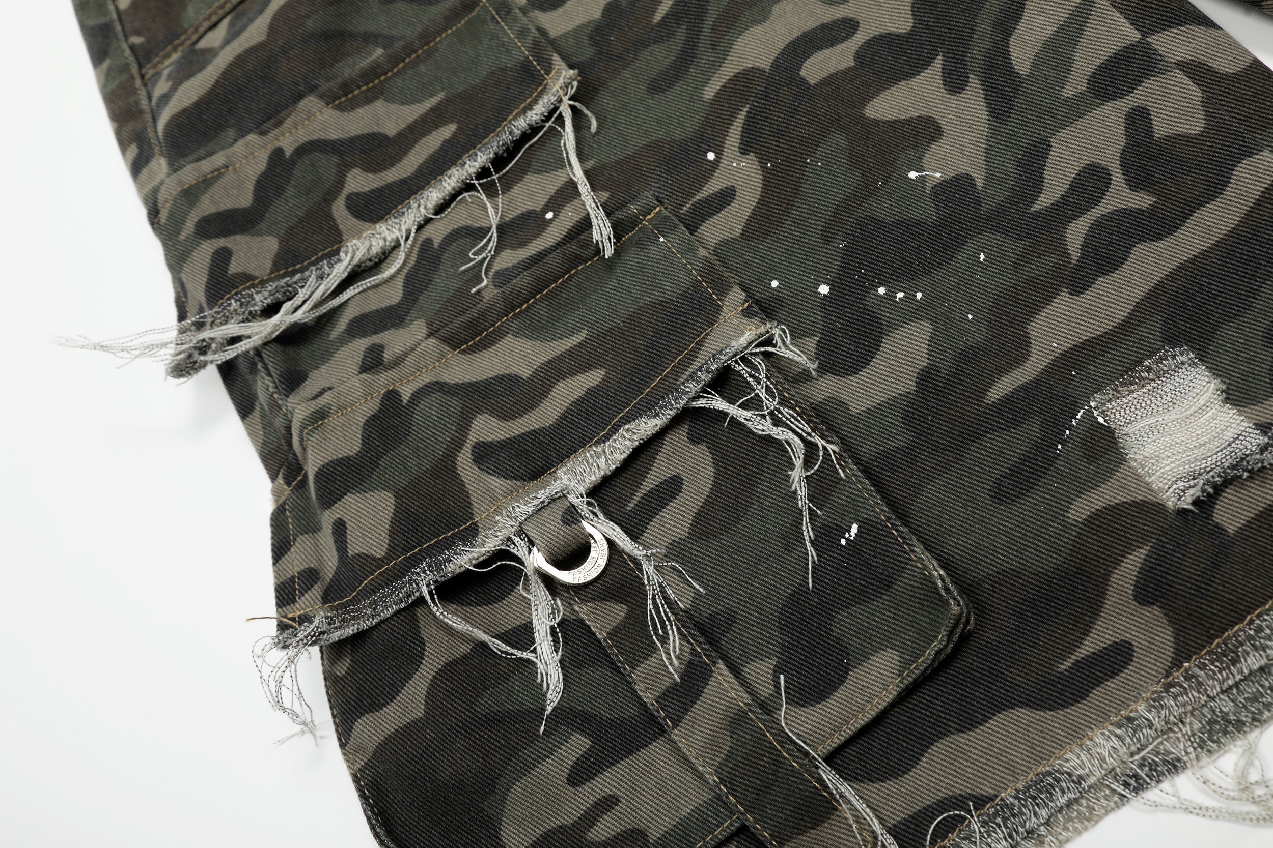 3-6-5.shop Camo Distressed Utility Denim Shorts