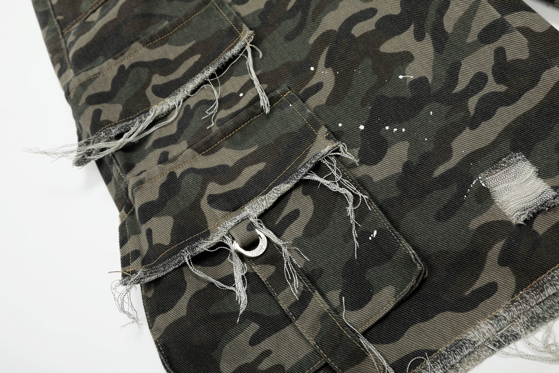 3-6-5.shop Camo Distressed Utility Denim Shorts