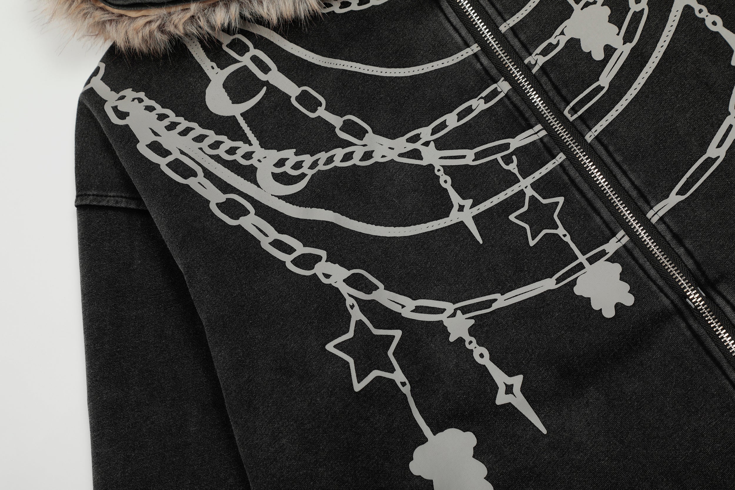 3-6-5.shop Chain Print Faux Fur Hooded Jacket
