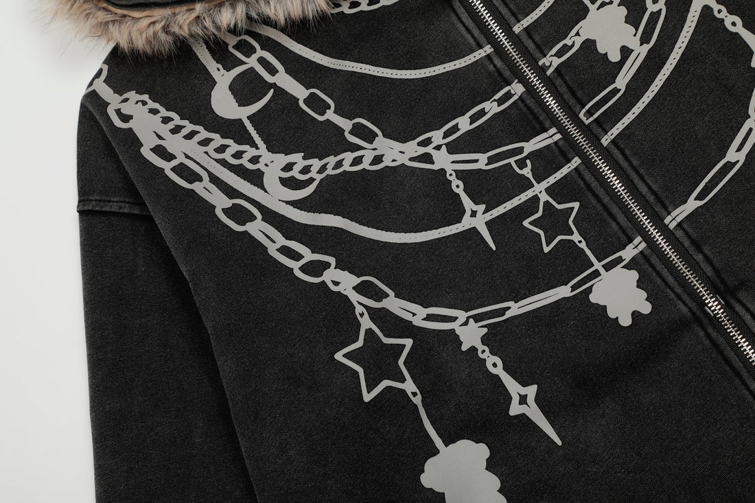 3-6-5.shop Chain Print Faux Fur Hooded Jacket