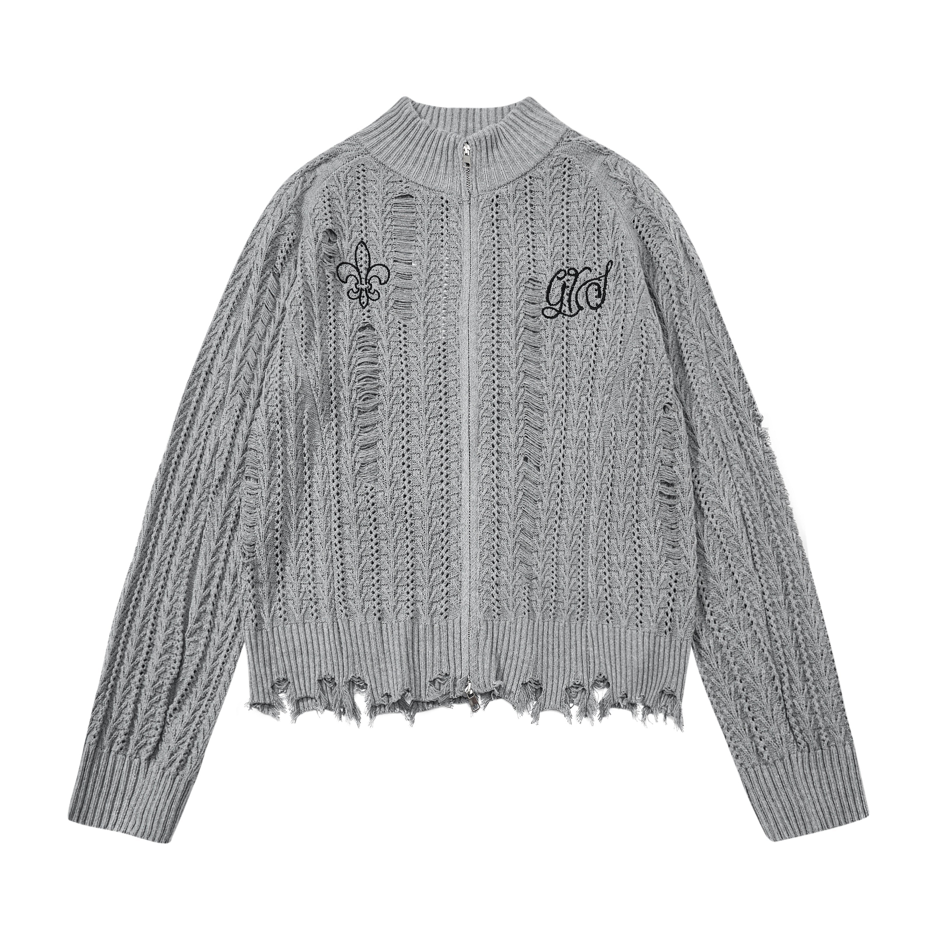 3-6-5.shop Distressed Knit Zip Cardigan