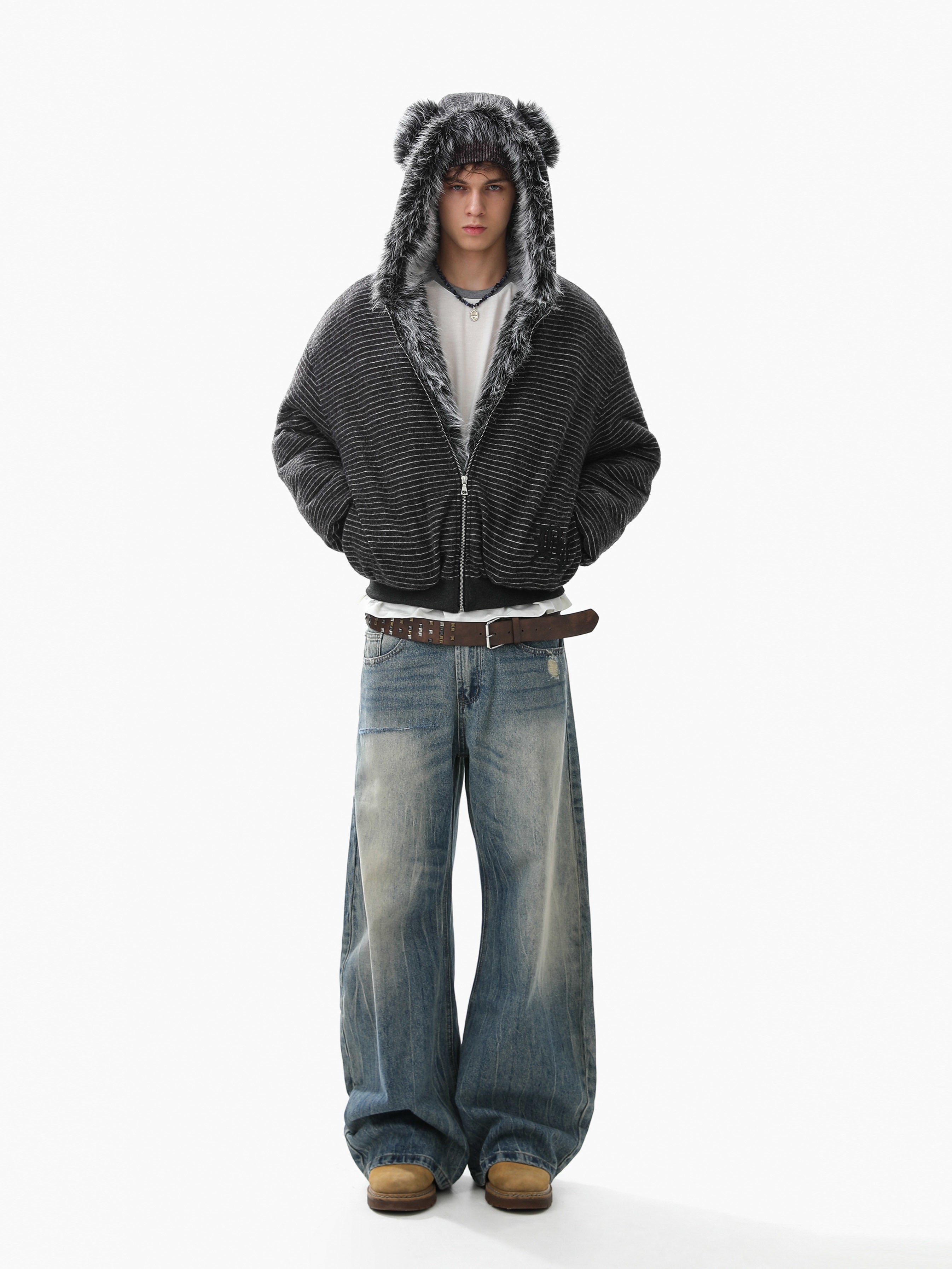 3-6-5.shop Faux-Fur Lined Striped Hoodie Jacket