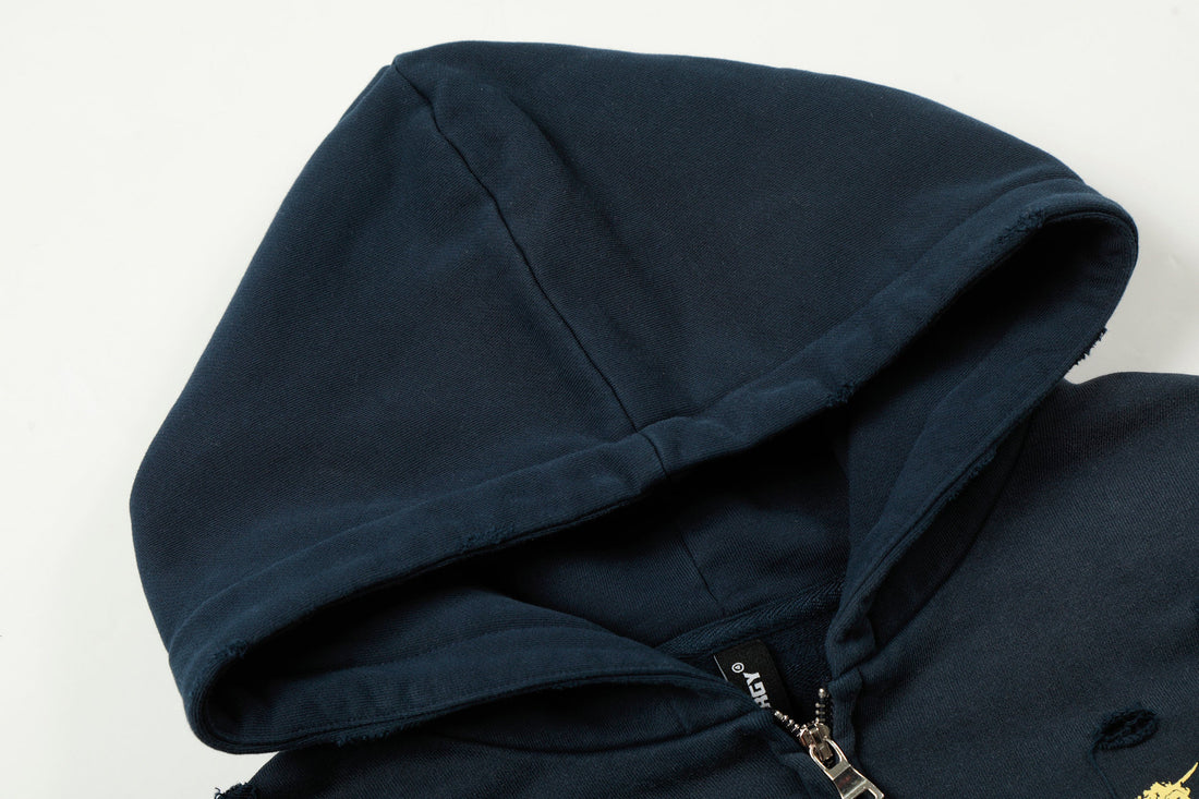 3-6-5.shop Distressed Crest Zip-Up Hoodie