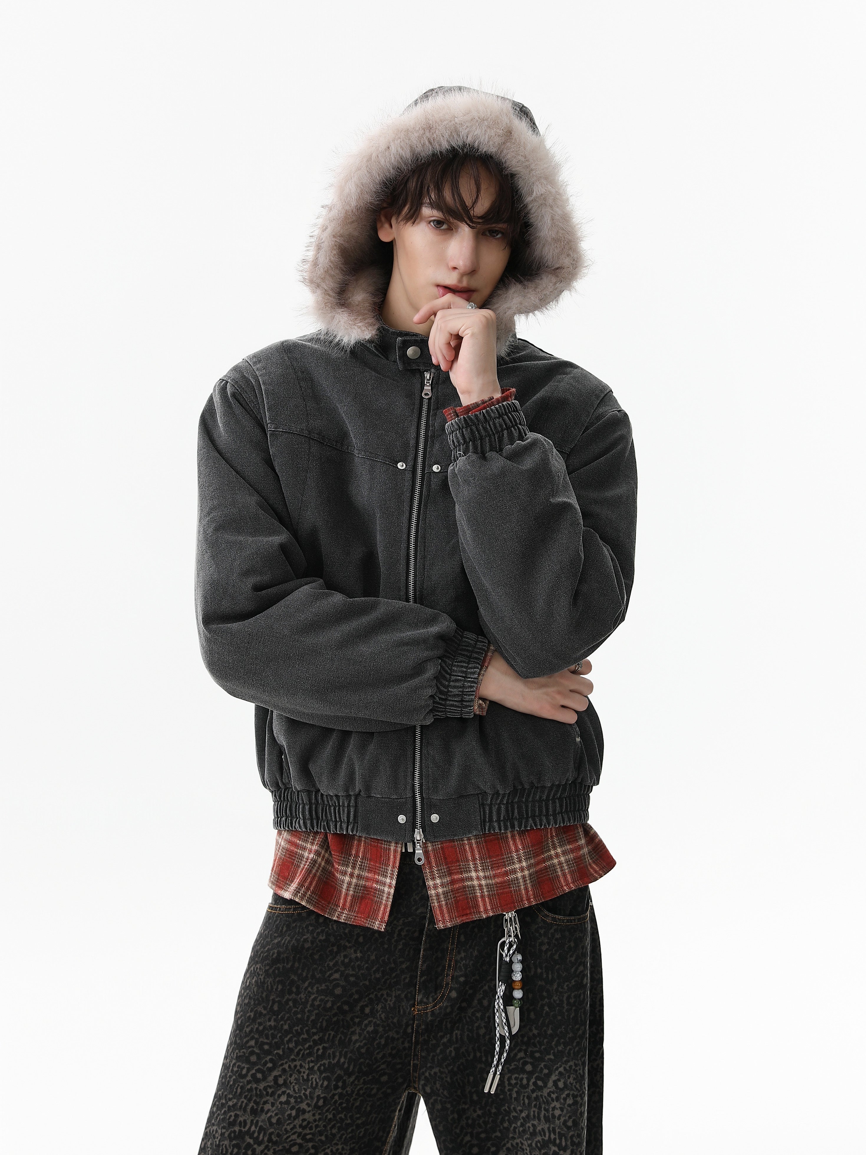 3-6-5.shop Detachable Fur Collar Washed Workwear Jacket