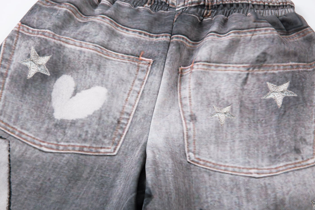 3-6-5.shop Cat Print Barrel Denim Pants