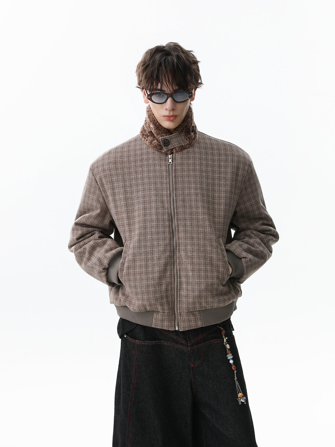 3-6-5.shop Check Pattern Faux Fur Collar Jacket