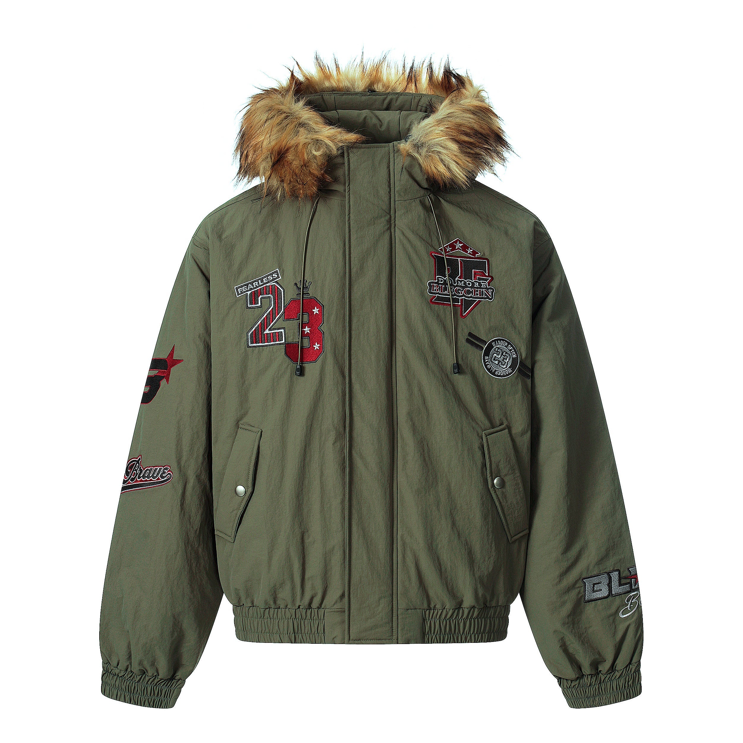 3-6-5.shop Varsity Patch Fur Hooded Puffer Jacket