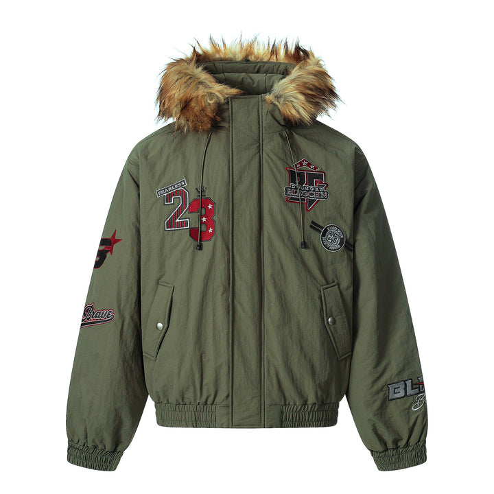 3-6-5.shop Varsity Patch Fur Hooded Puffer Jacket