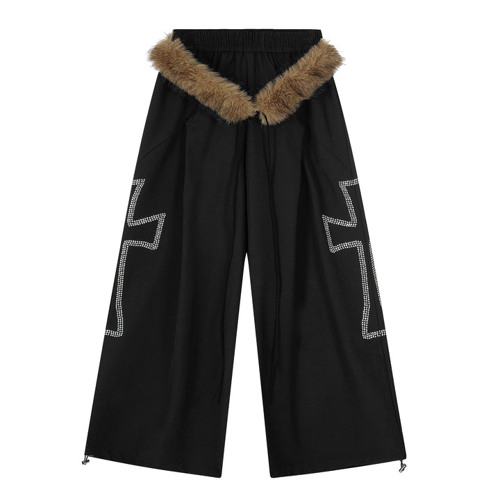 3-6-5.shop Rhinestone Cross Faux-Fur Pants