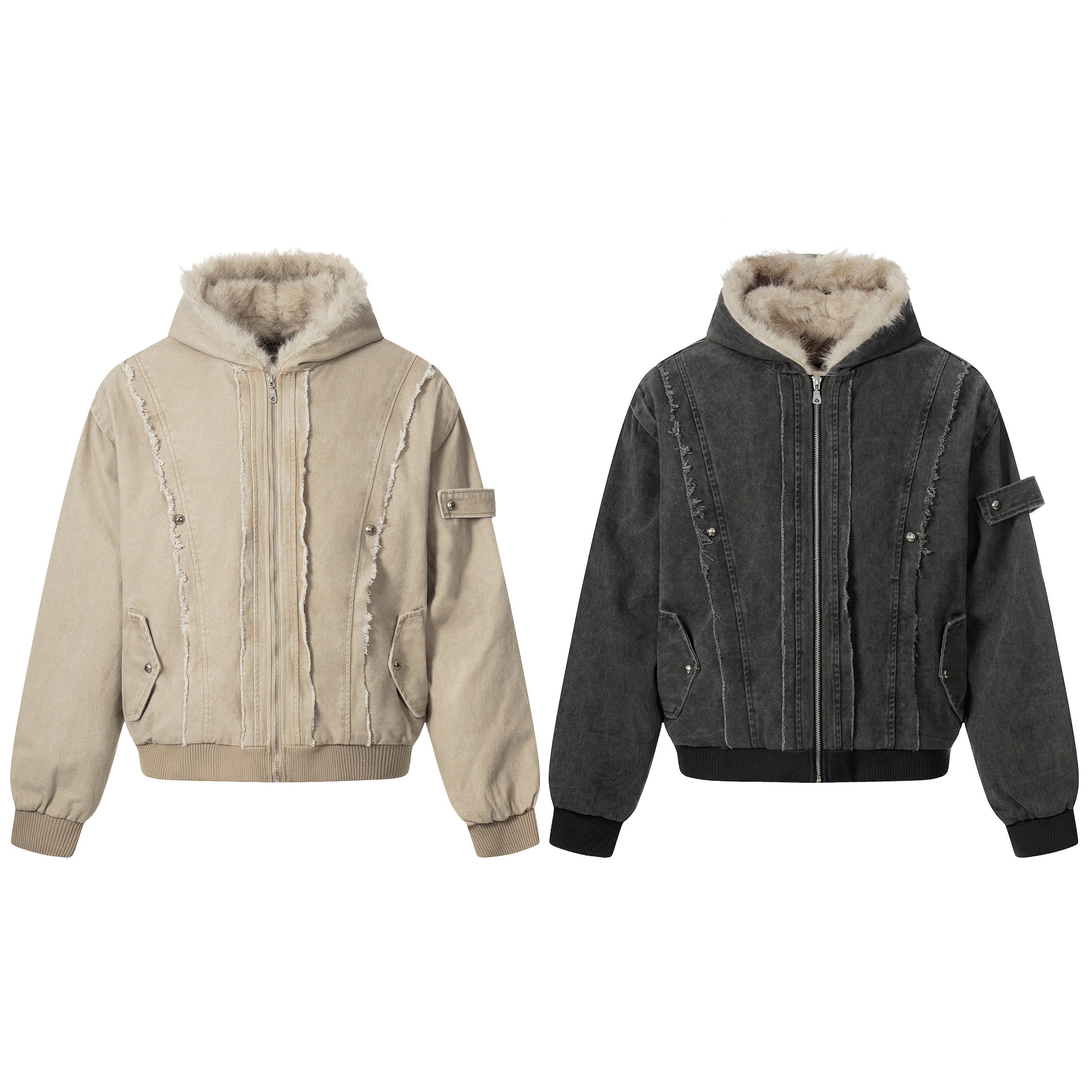 3-6-5.shop Washed Shearling-Lined Denim Hooded Jacket