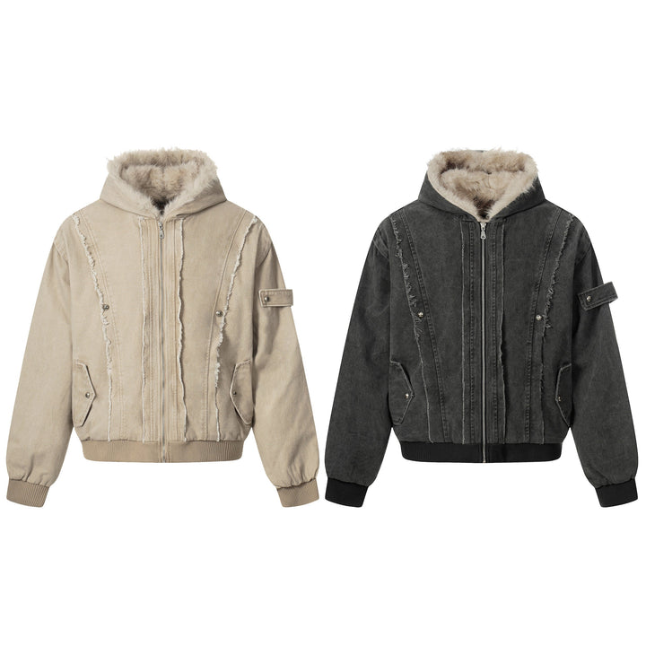 3-6-5.shop Washed Shearling-Lined Denim Hooded Jacket