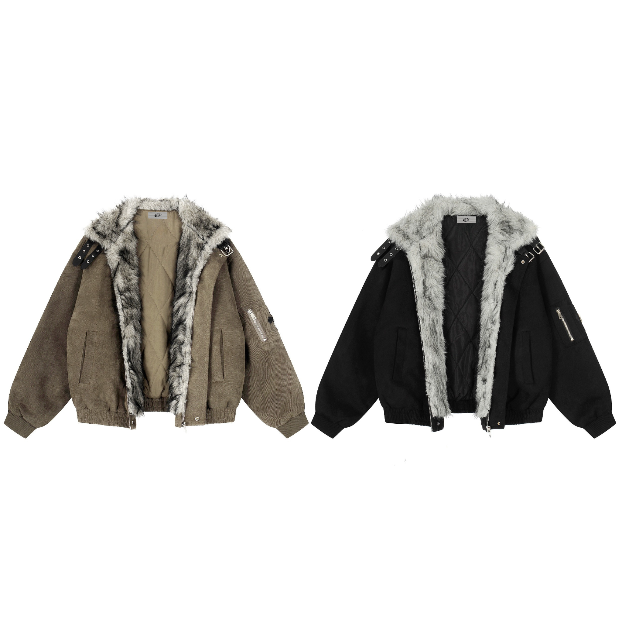 3-6-5.shop Faux Fur Collar Suede-Texture Buckle Bomber Jacket