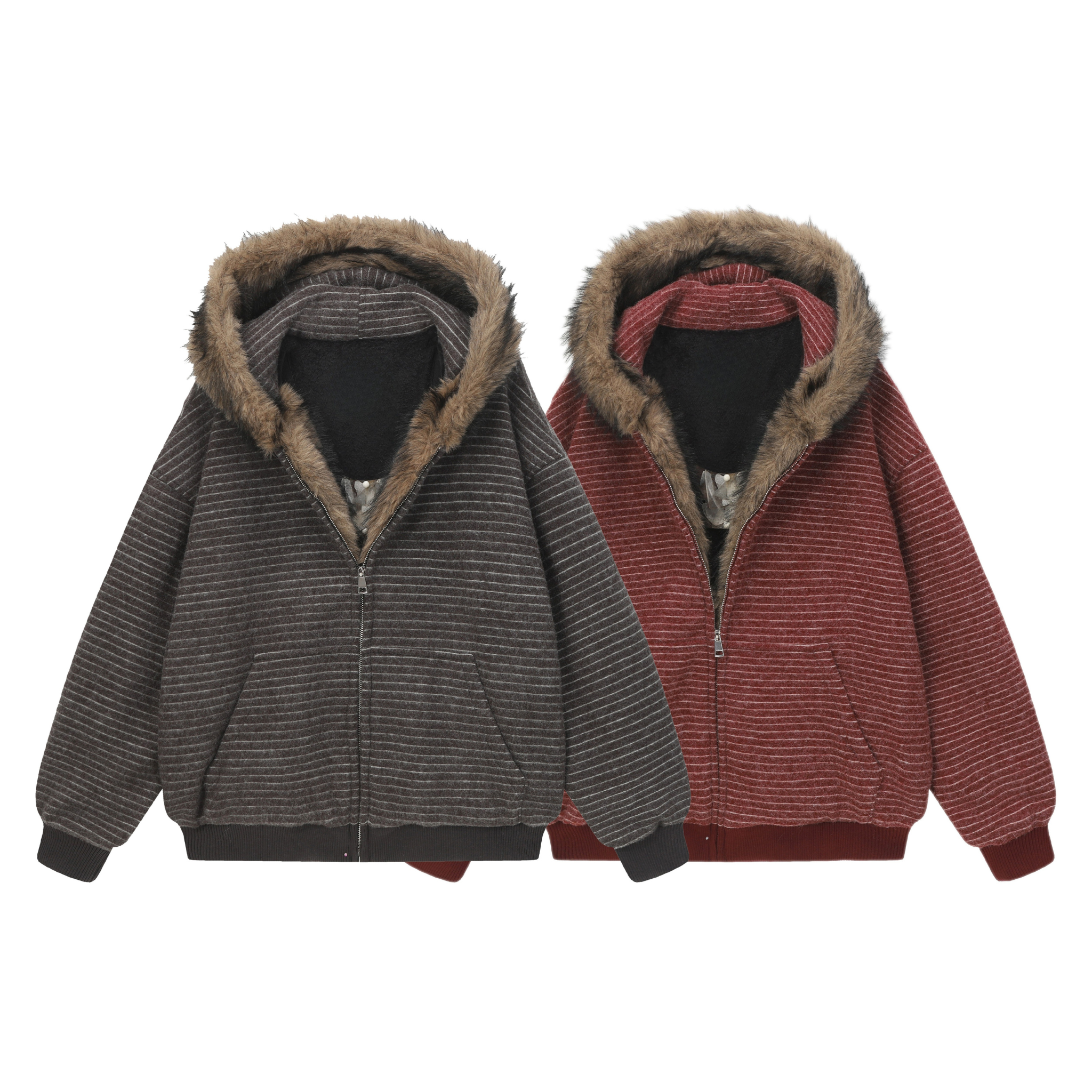 3-6-5.shop Striped Faux Fur-Lined Hooded Jacket