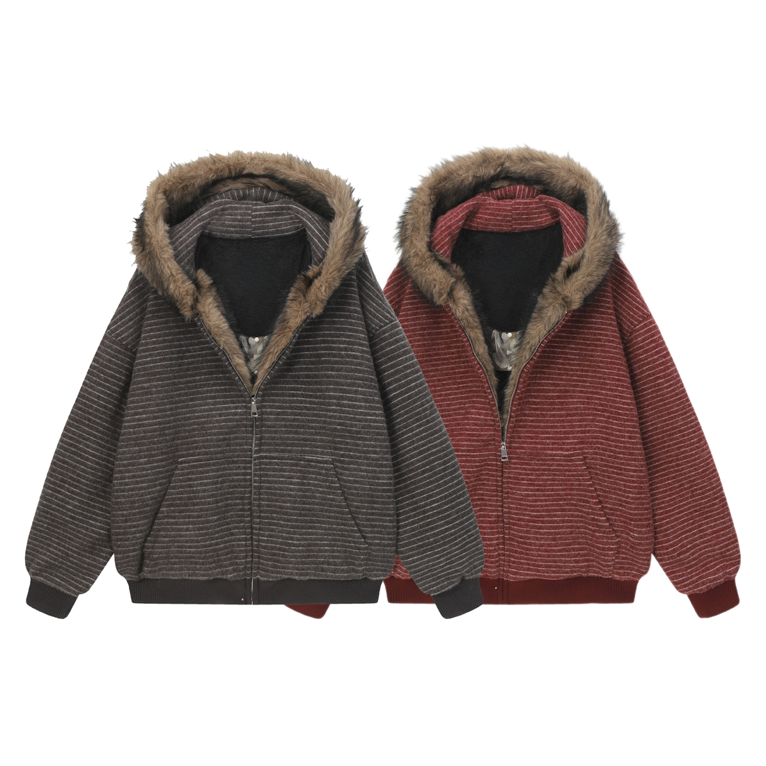 3-6-5.shop Striped Faux Fur-Lined Hooded Jacket