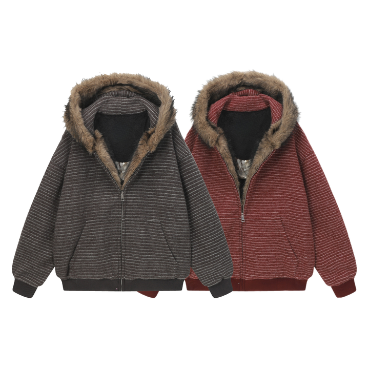 3-6-5.shop Striped Faux Fur-Lined Hooded Jacket