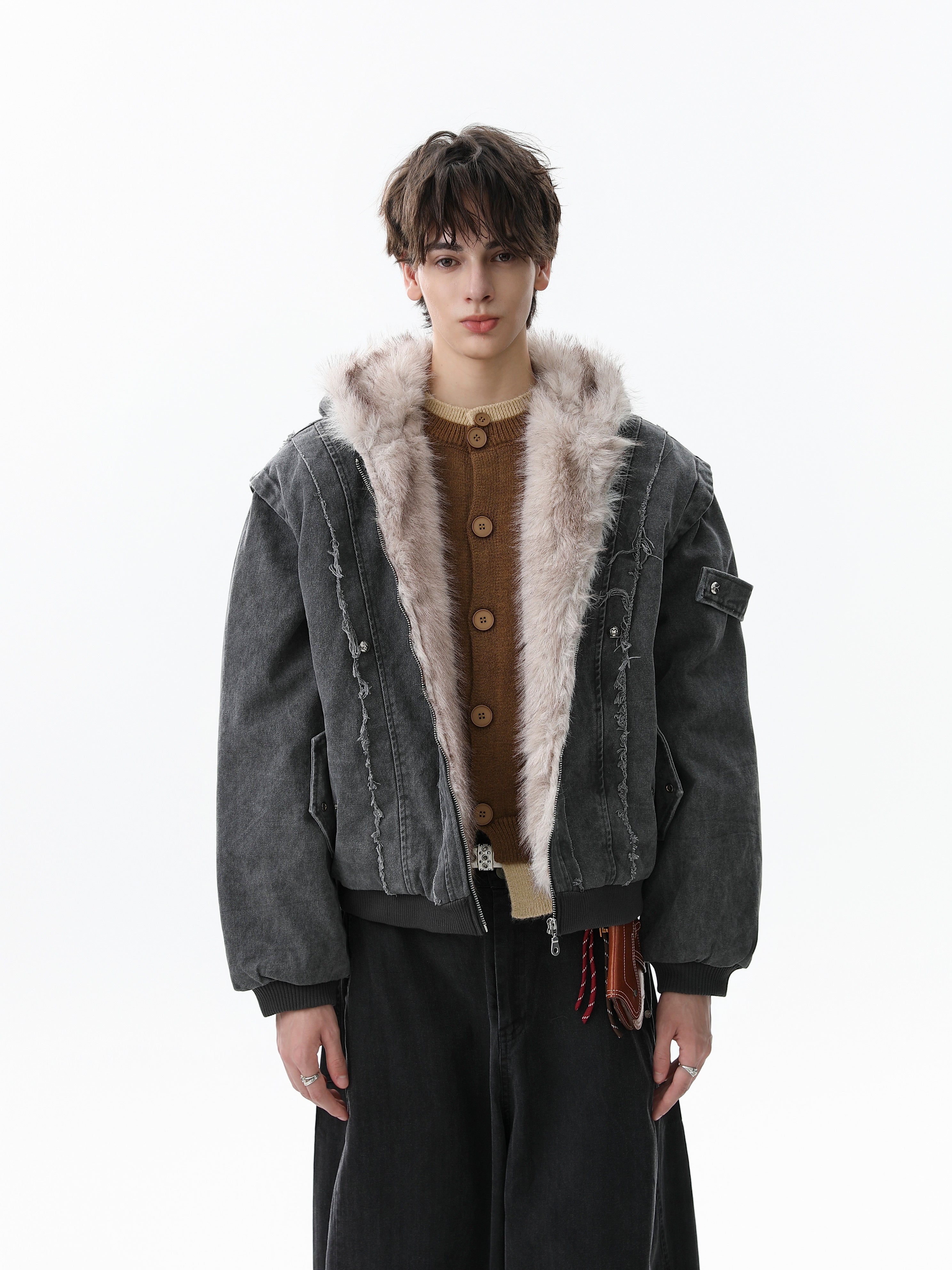 3-6-5.shop Washed Shearling-Lined Denim Hooded Jacket