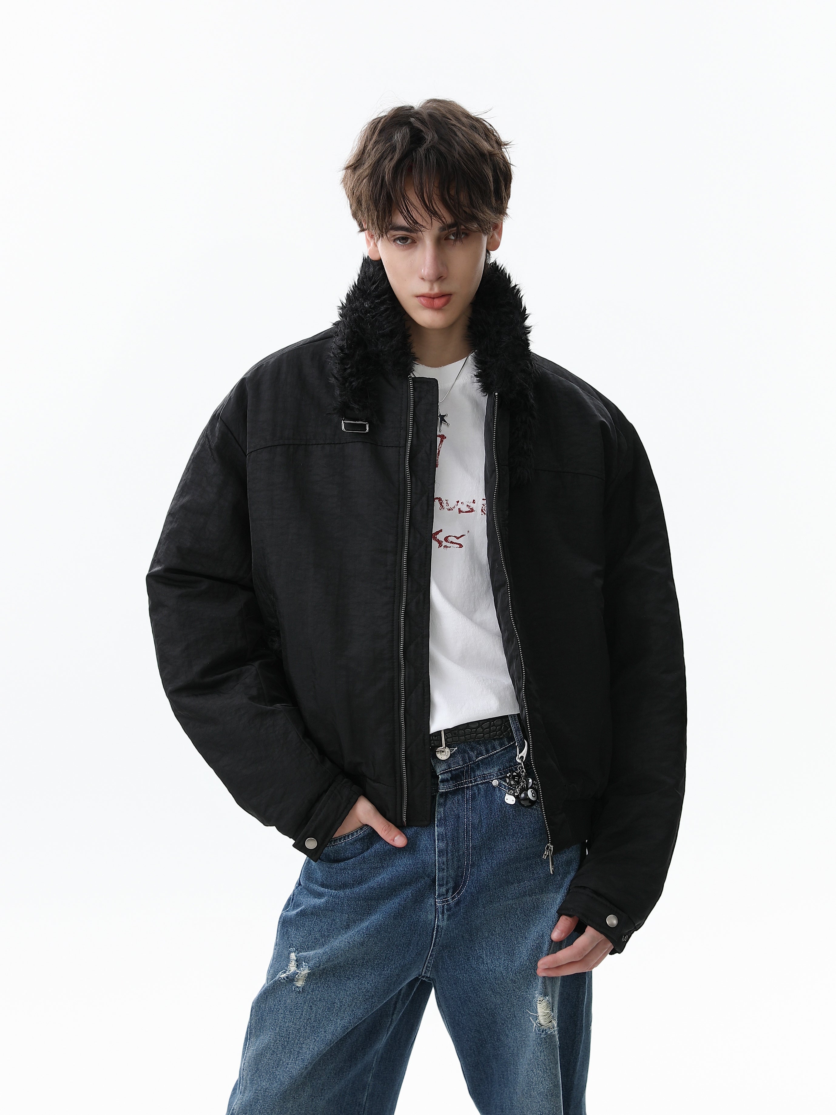 3-6-5.shop Faux Fur Collar Bomber Jacket