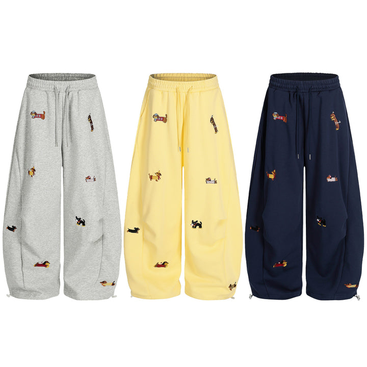 3-6-5.shop Embroidered Dog Motif Sweatpants