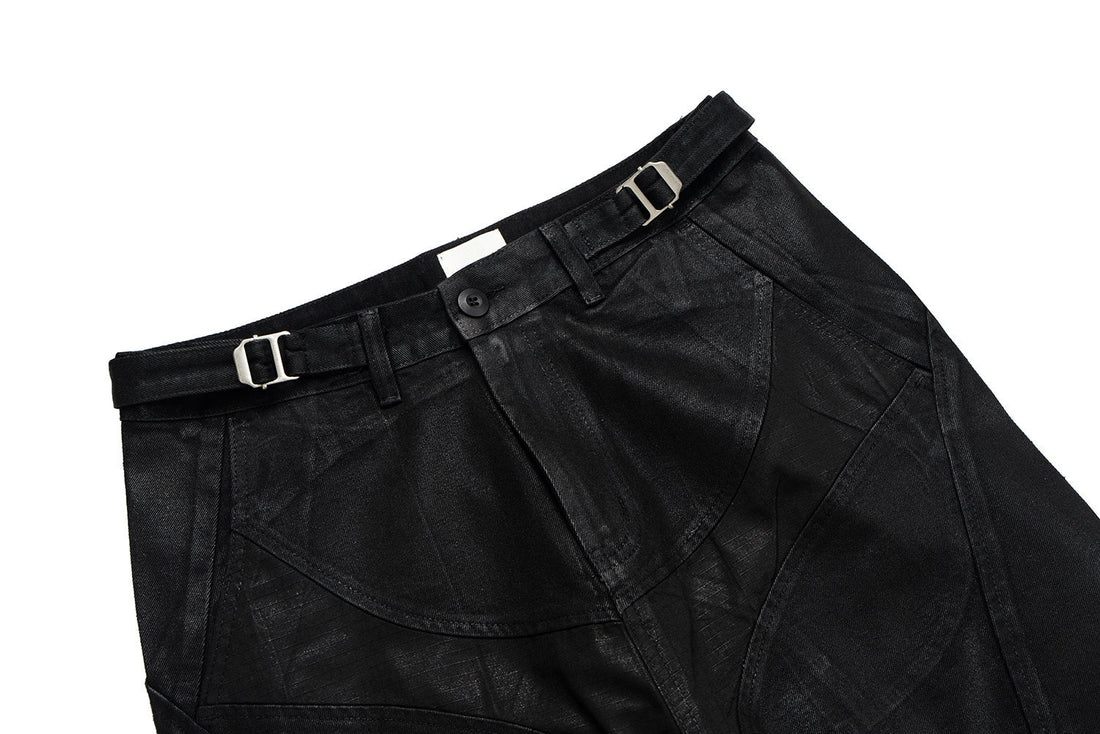 3-6-5.shop Curved-Stitch Leather Denim Pants