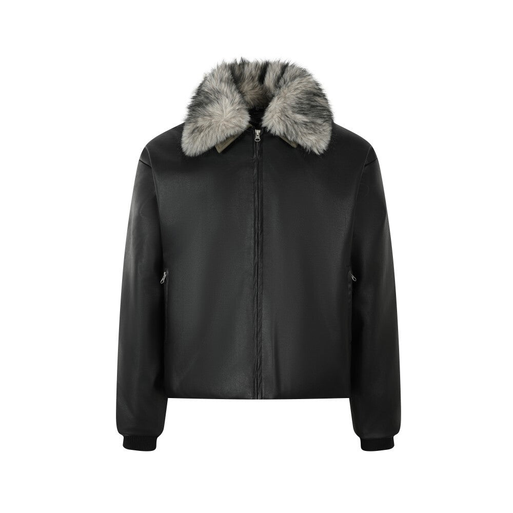 3-6-5.shop Detachable Fur Collar PU Jacket