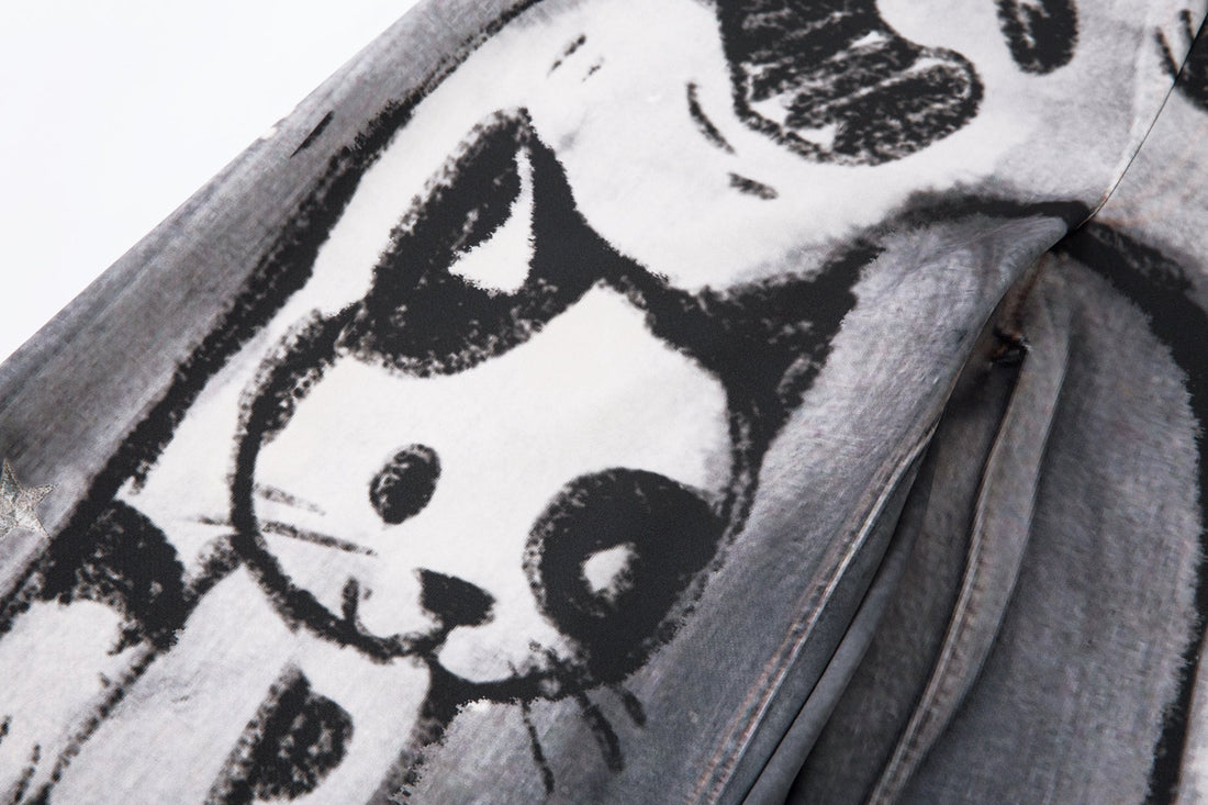 3-6-5.shop Cat Print Barrel Denim Pants