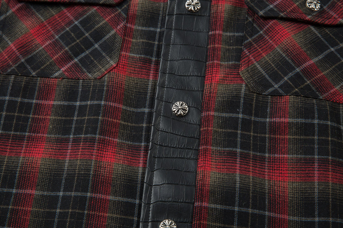 3-6-5.shop Plaid Faux-Leather Trim Flannel Shirt Jacket