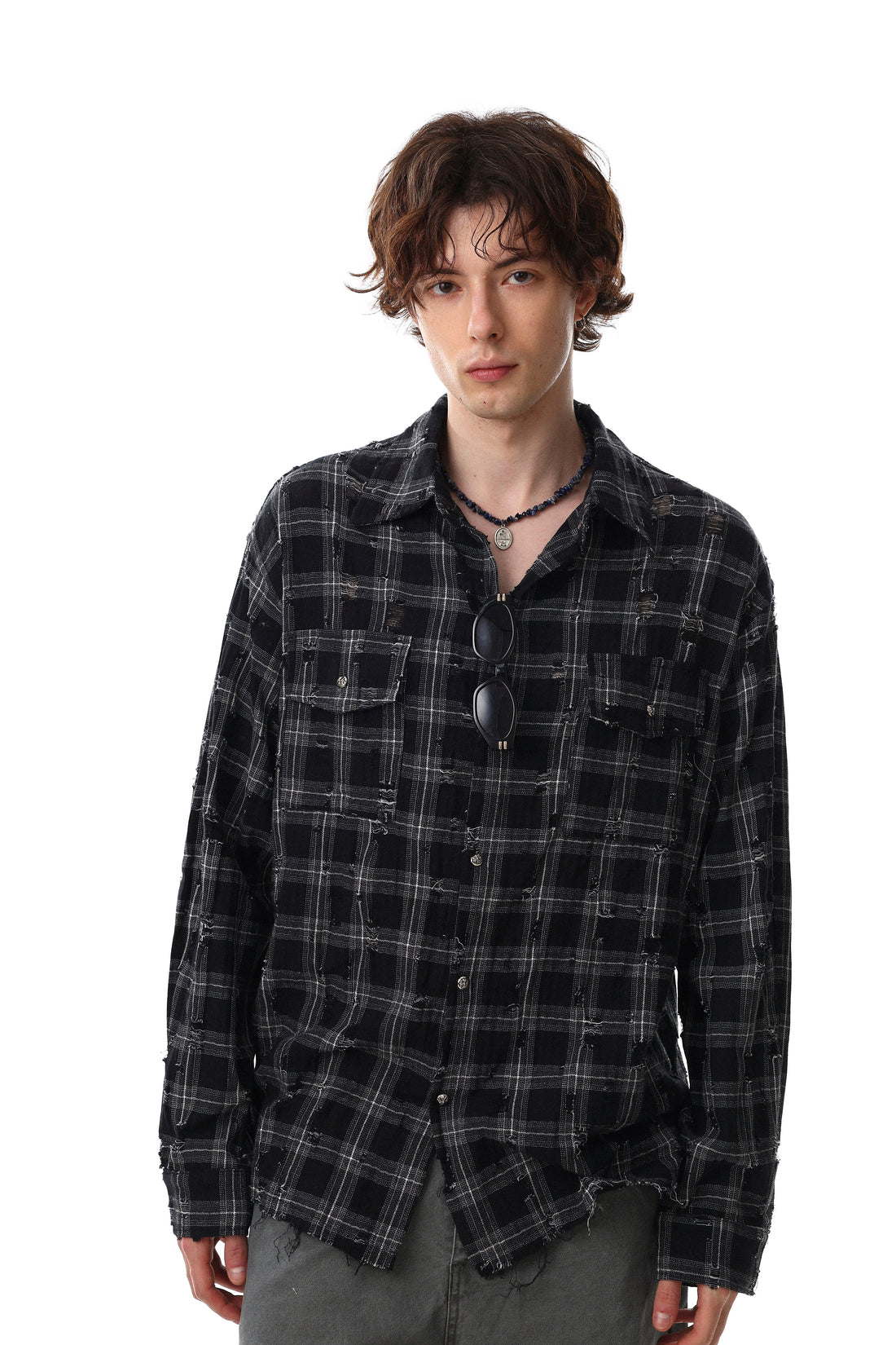 3-6-5.shop Distressed Plaid Shirt Jacket