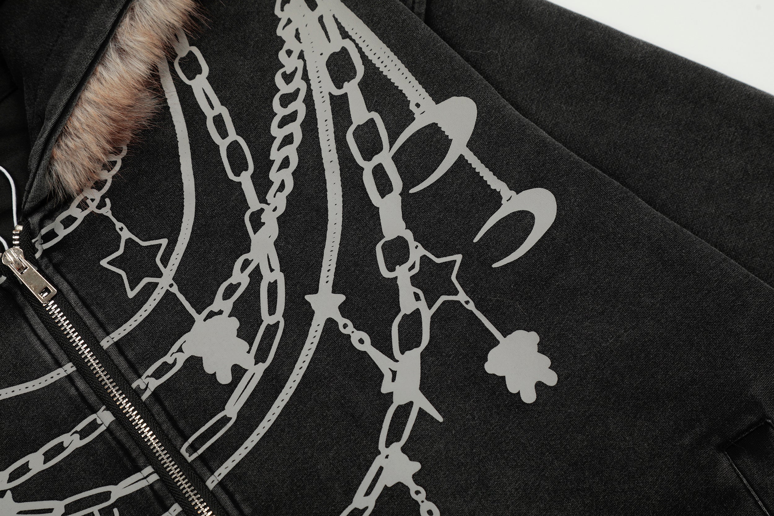 3-6-5.shop Chain Print Faux Fur Hooded Jacket