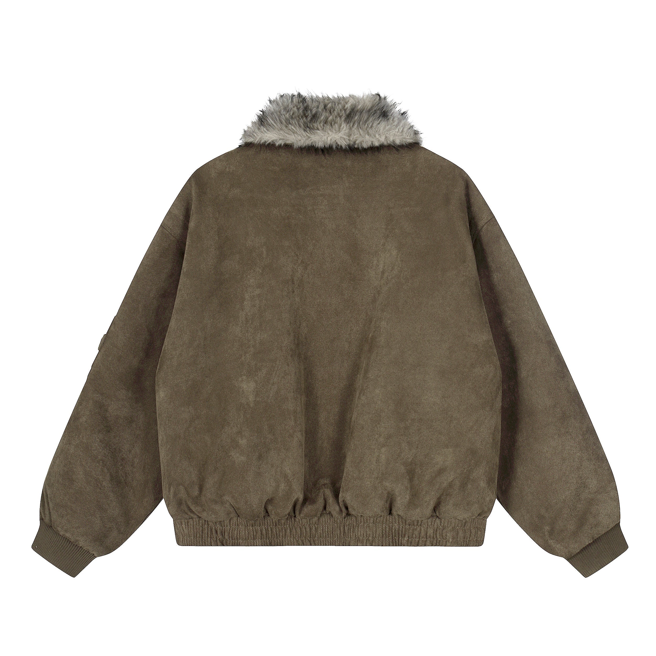3-6-5.shop Faux Fur Collar Suede-Texture Buckle Bomber Jacket