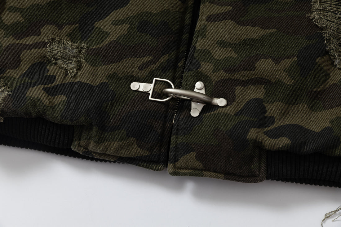 3-6-5.shop Camo Hook Detail Distressed Jacket