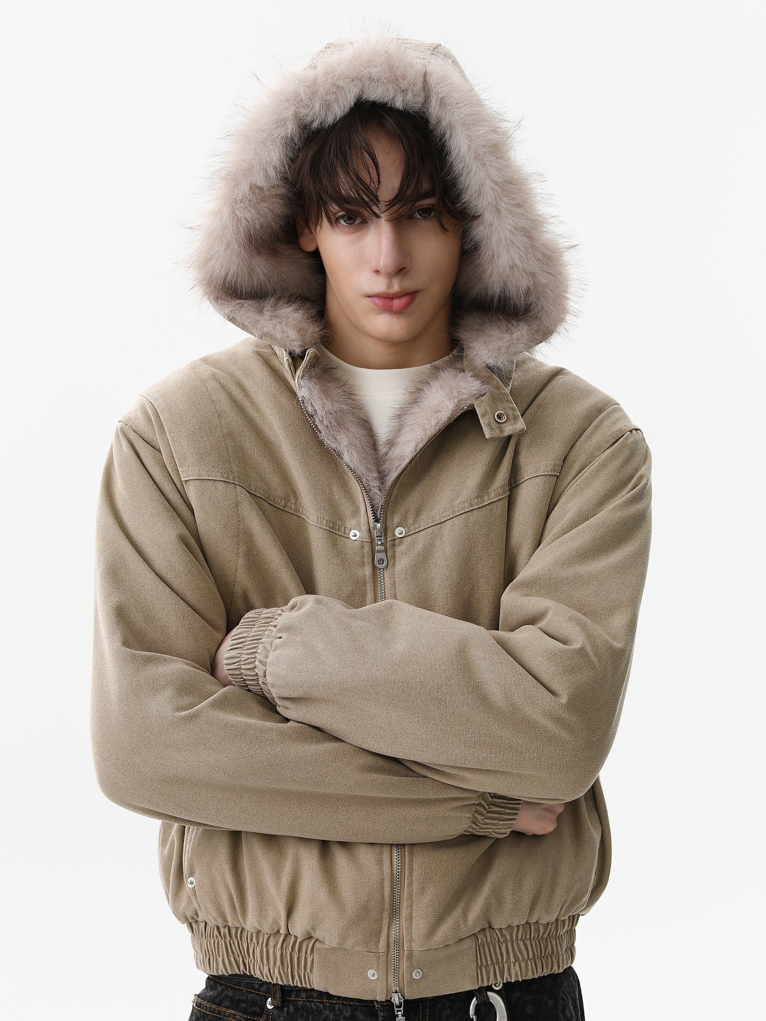 3-6-5.shop Detachable Fur Collar Washed Workwear Jacket