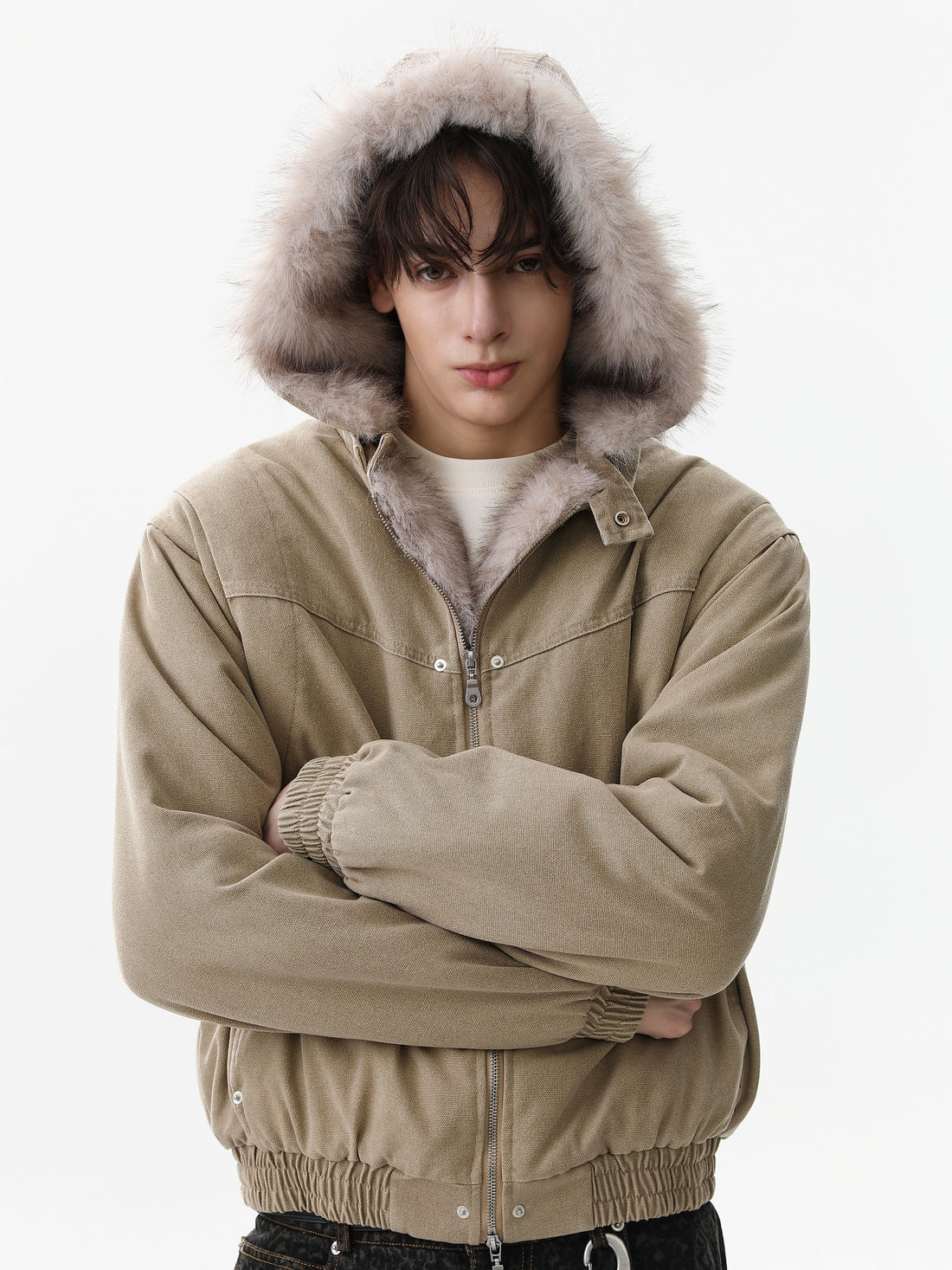 3-6-5.shop Detachable Fur Collar Washed Workwear Jacket