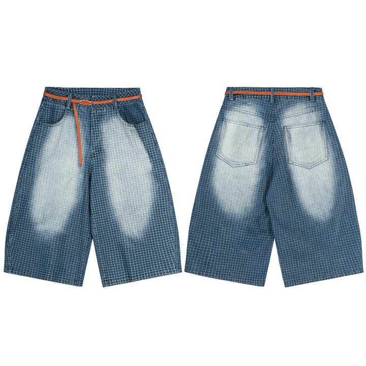3-6-5.shop Washed Grid Denim Shorts