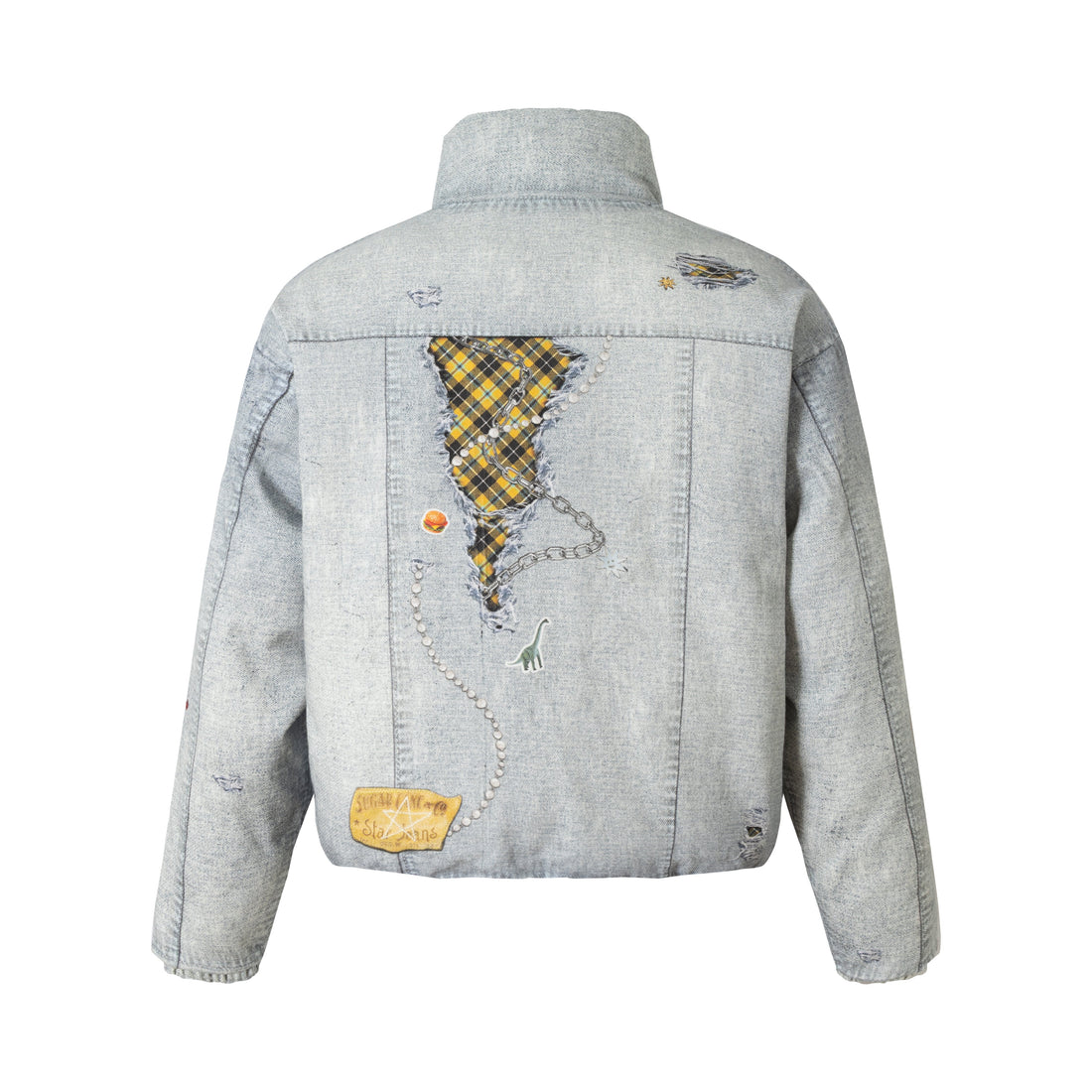 3-6-5.shop Patchwork Distressed Denim Puffer Jacket