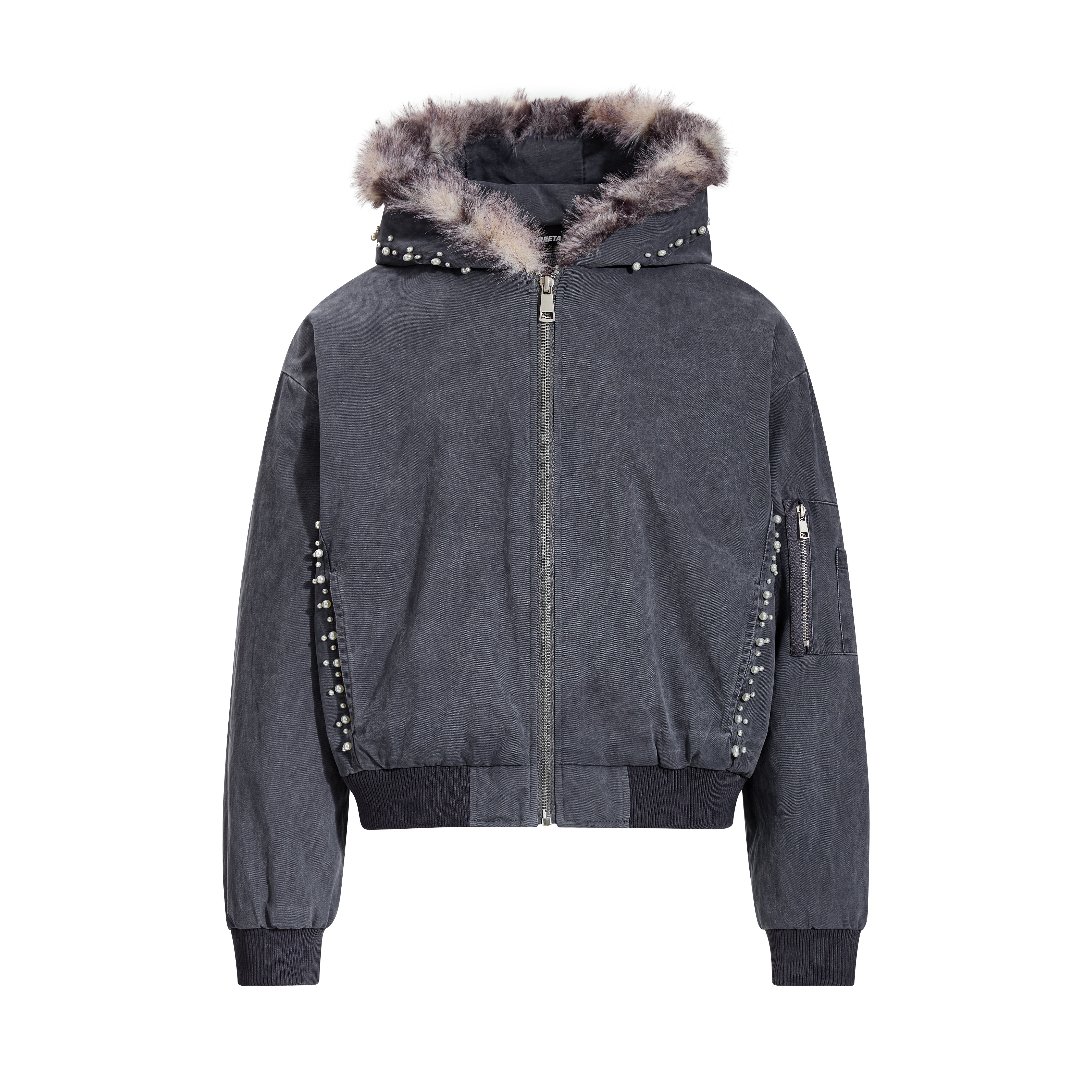 3-6-5.shop Studded Fur-Trim Hooded Jacket