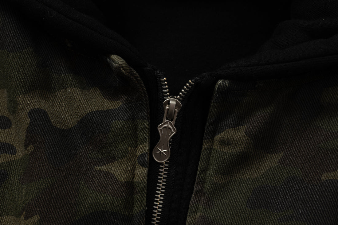 3-6-5.shop Camo Hook Detail Distressed Jacket