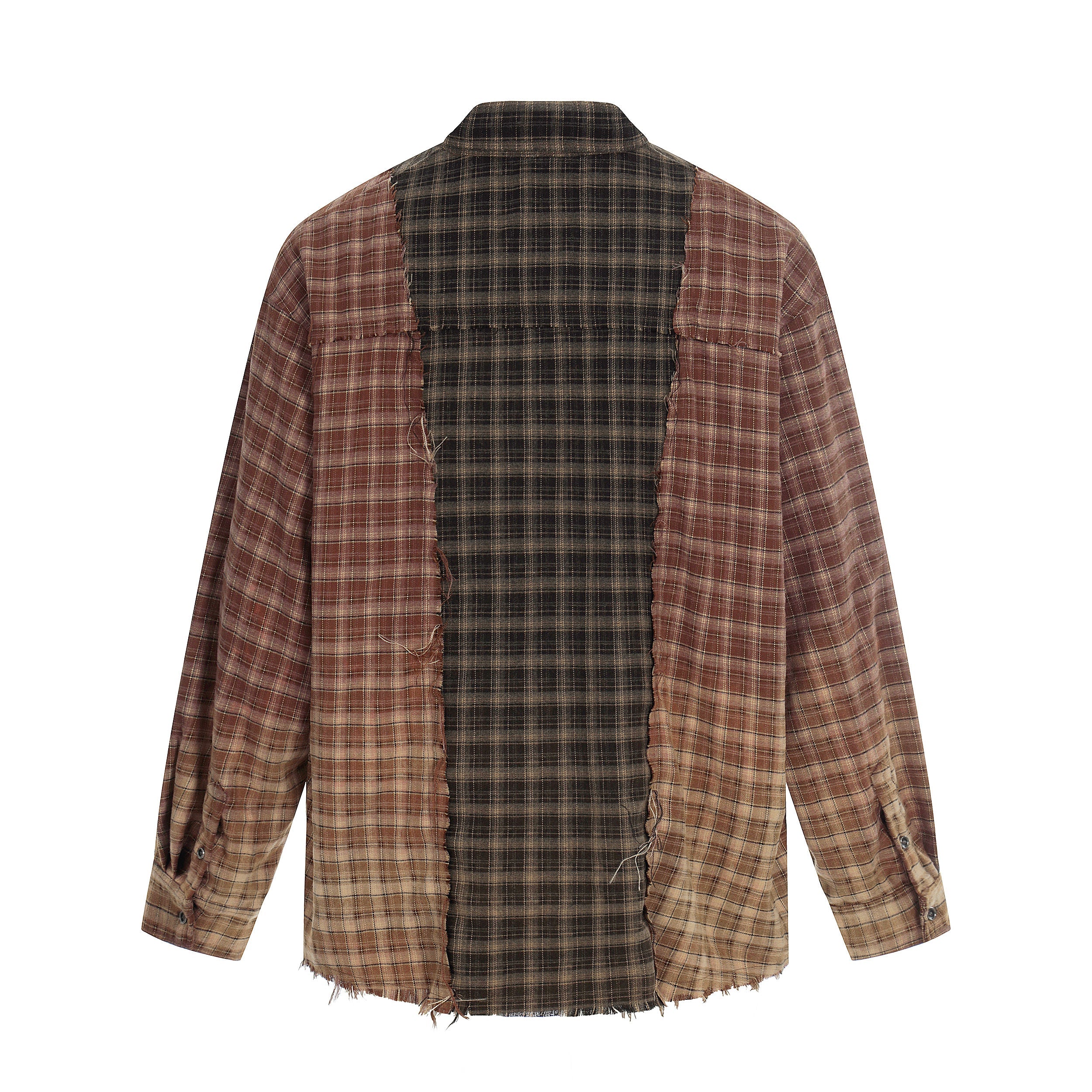3-6-5.shop Patchwork Distressed Plaid Button-Up Shirt